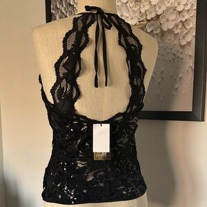H&M Black Floral Beaded Lace Halter Blouse